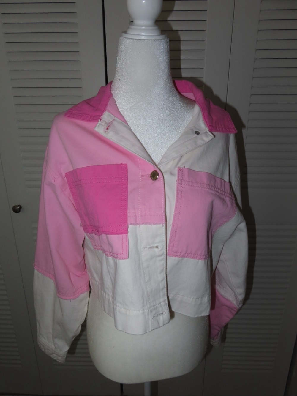 Pink and White Colorblock Crop Jacket - Women